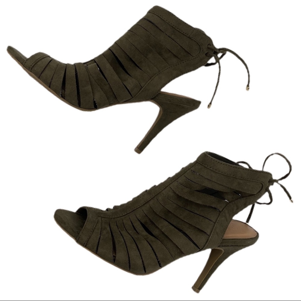 TRASH Suede Slitted Open Toe Ankle Buckle Heels
